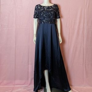 Adrianna Papell Navy Short Sleeve Maxi Formal Hi-Low Satin Dress Size 8